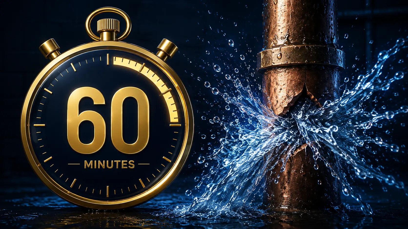Sixty-minute Stopwatch Beside A Burst Pipe Spraying Water
