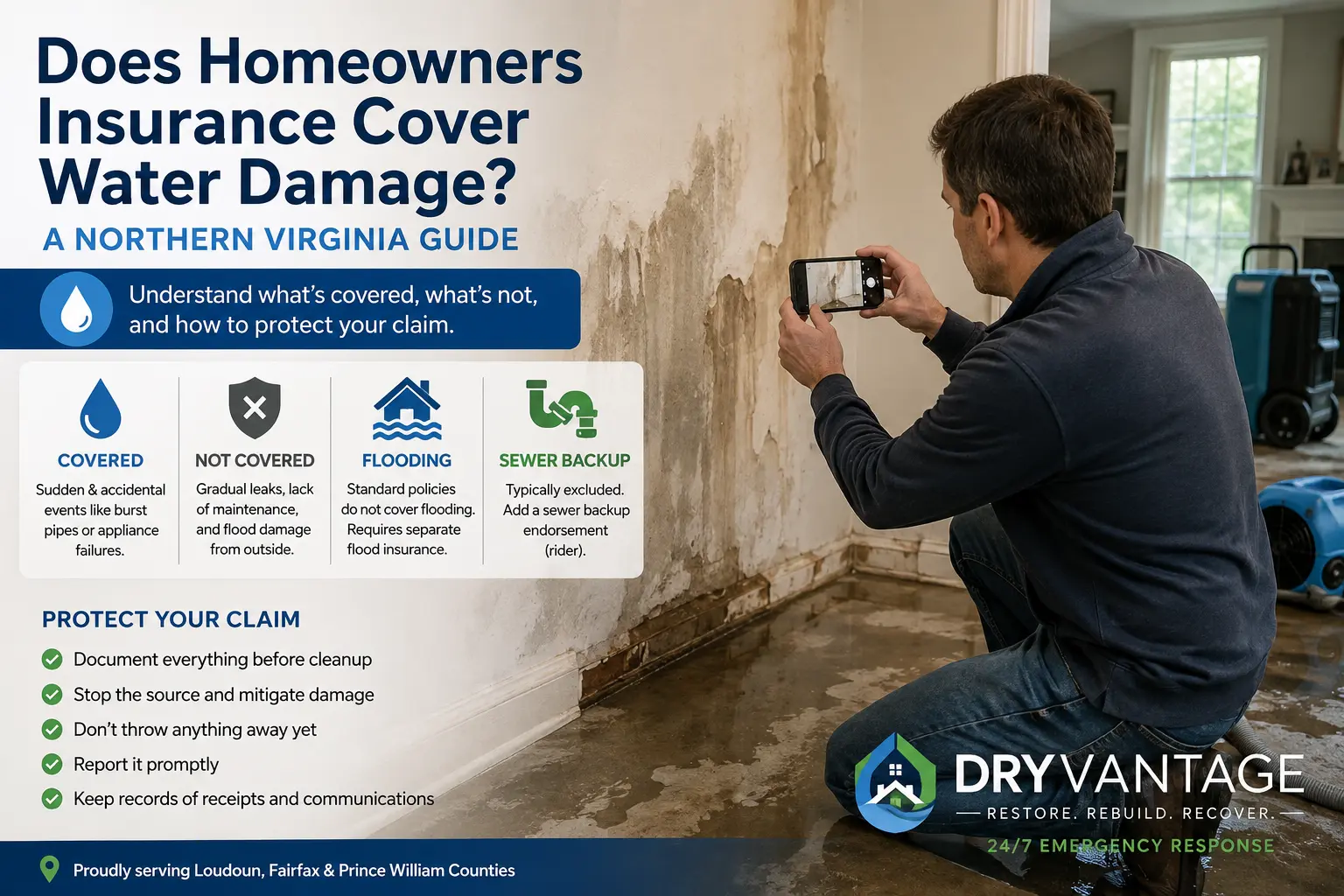 Homeowner photographing water damage on a wall for an insurance claim