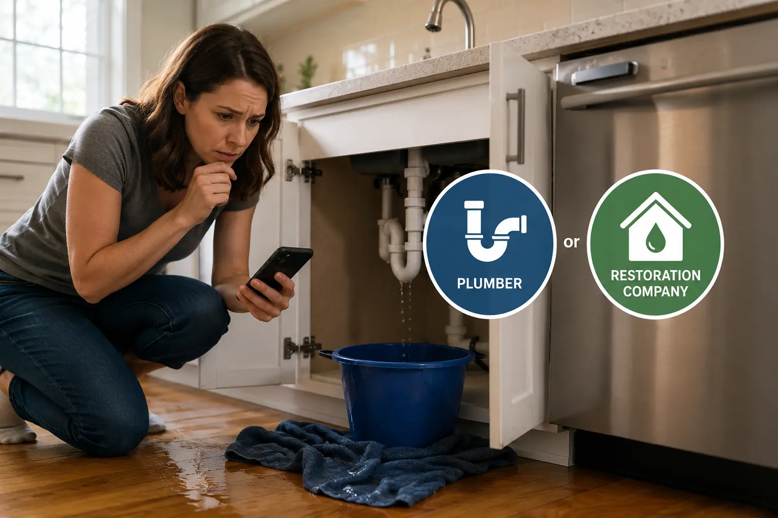 Homeowner inspecting a leak under a kitchen sink with a phone in hand