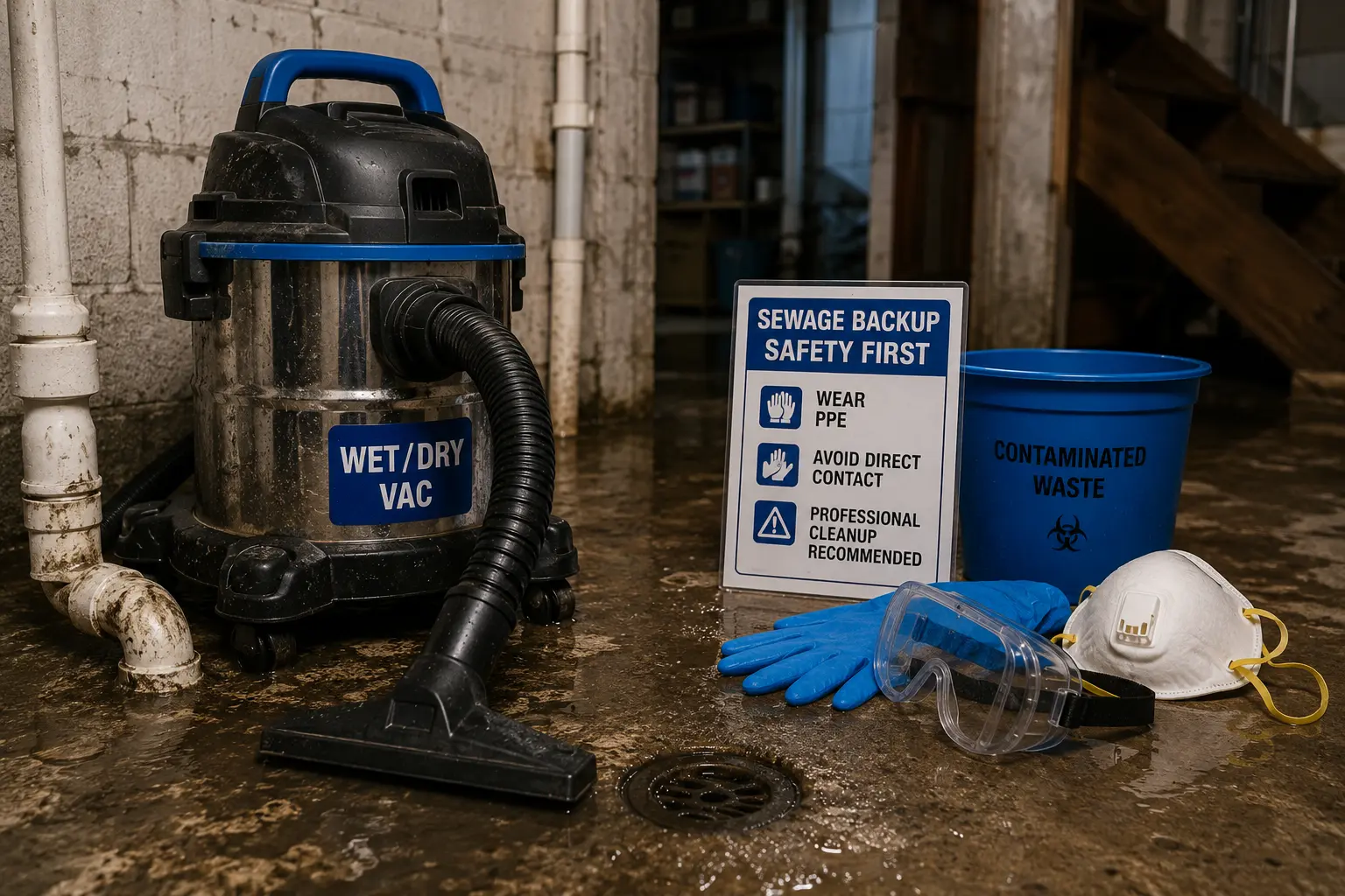 Wet vacuum and PPE staged near a basement floor drain during cleanup