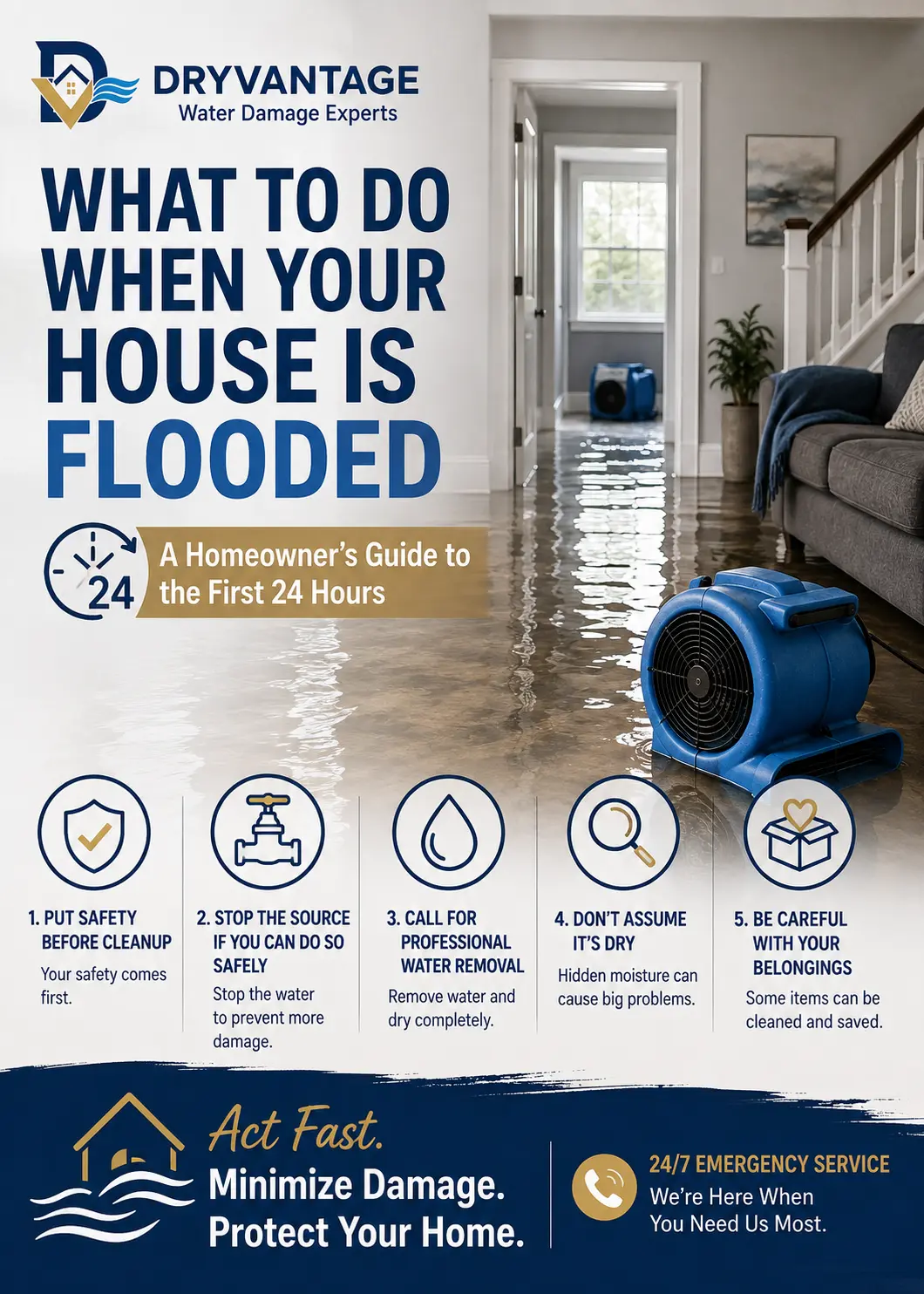 Homeowner assessing flood damage in a living room with standing water